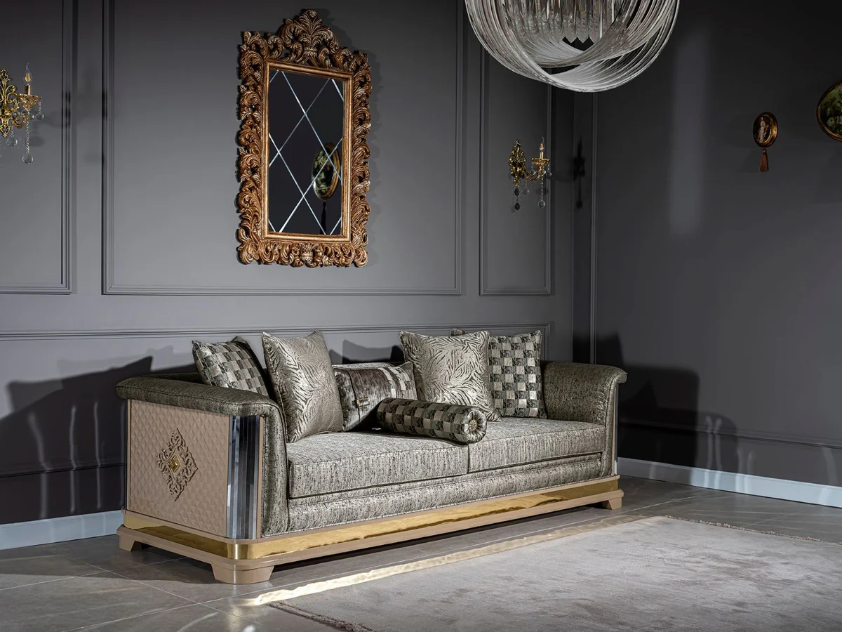 Casa Padrino sof¨¢ Art Deco de lujo plata / negro / beige / oro 249 x 93 x A. 72 cm - Sof¨¢ de sal¨®n con cojines decorativos - Muebles de Sal¨®n Art Deco