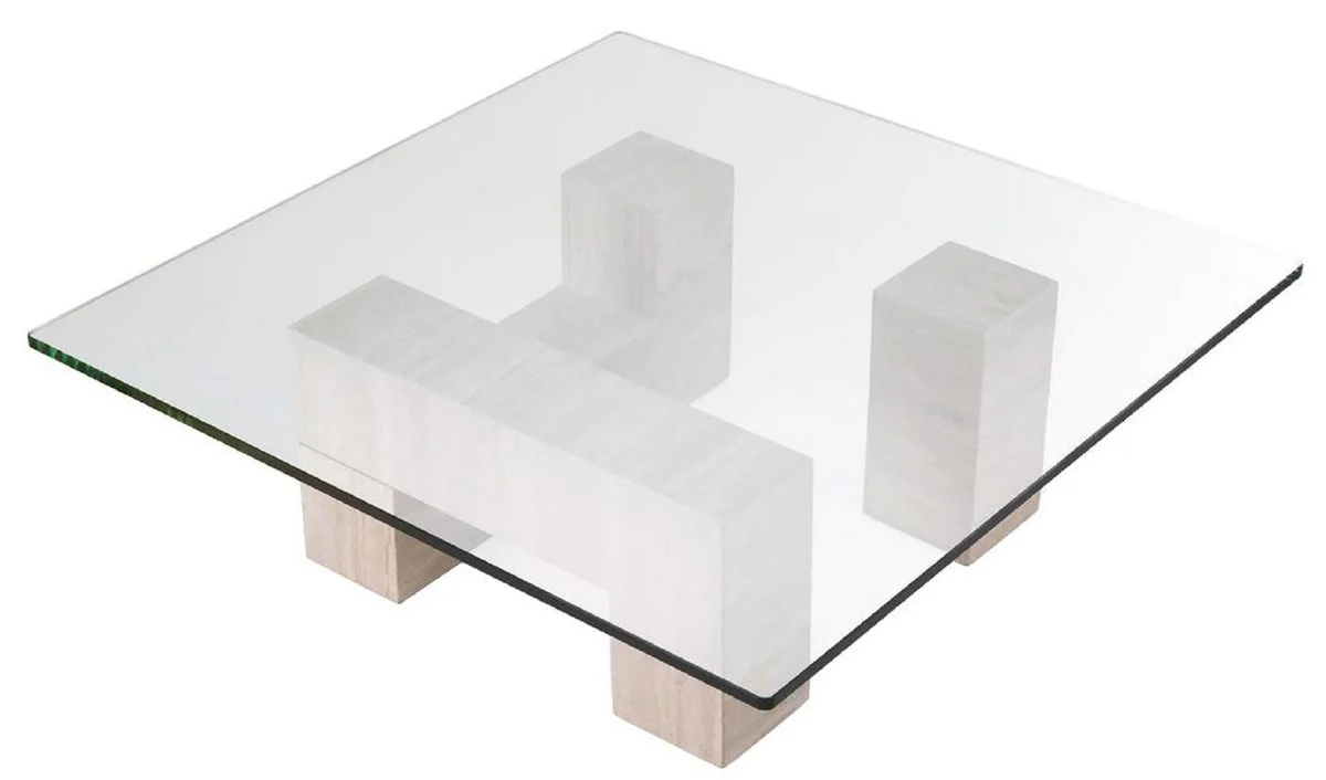 Casa Padrino mesa de centro de travertino de lujo beige 100 x 100 x A. 32 cm - Mesa de sal¨®n cuadrada de piedra natural con tapa de vidrio - Muebles de sal¨®n - Muebles de lujo - Instalaci¨®n de lujo