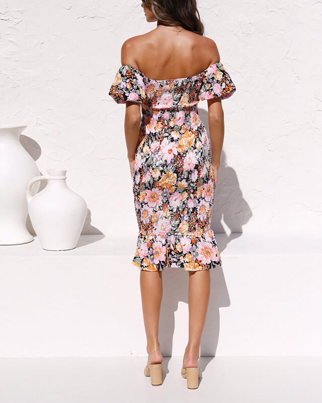 Women's One-shoulder Slim Ruffled Print Dress