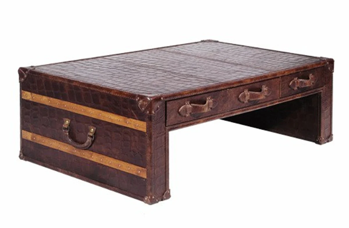 Casa Padrino Art Deco luxury real leather coffee table in croc look brown L132 x W83 x H45 cm - Real Leather Vintage Look