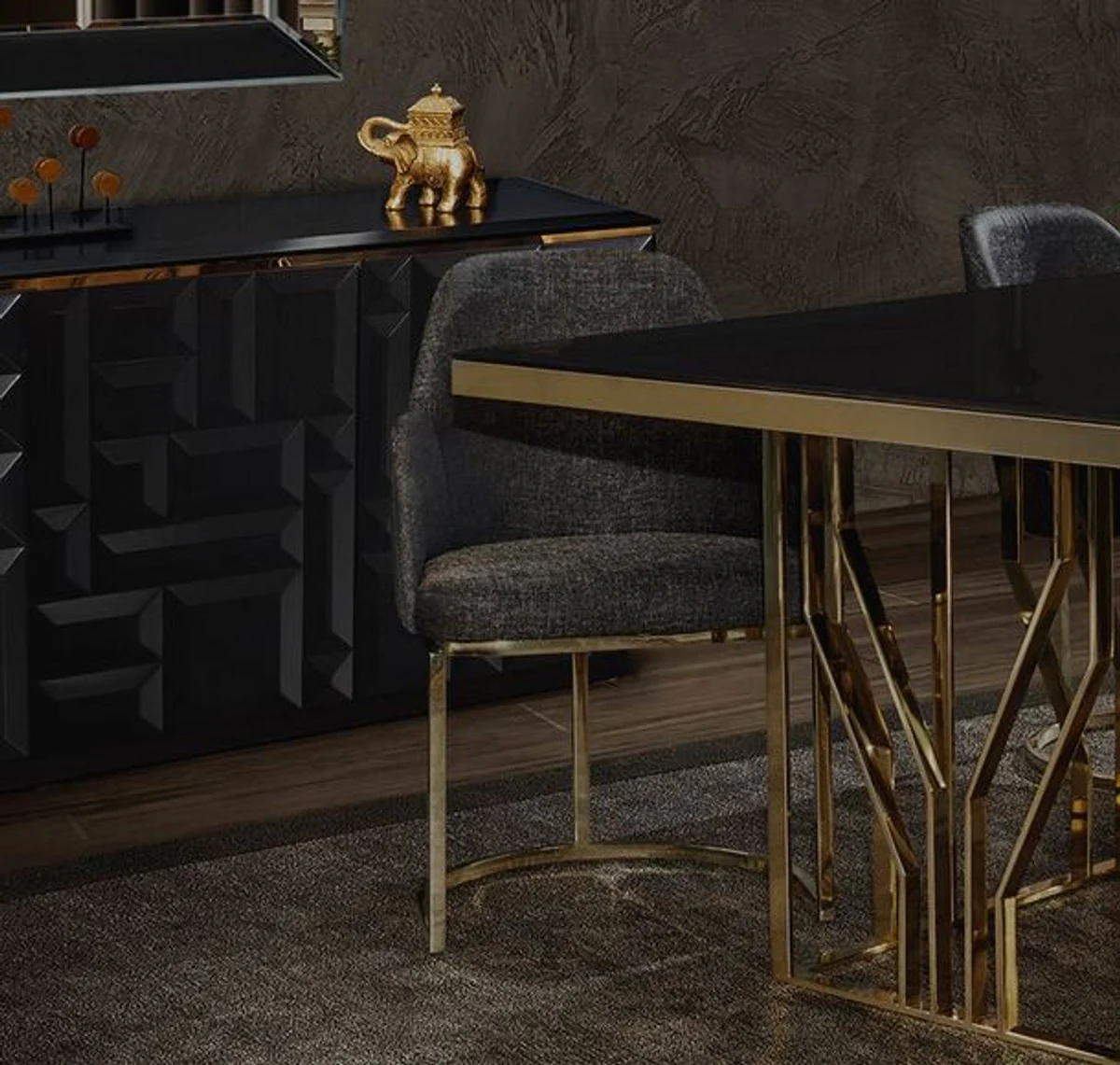 Casa Padrino mesa de comedor de lujo oro / negro 200 x 100 x A. 77 cm - Mesa de cocina rectangular de acero inoxidable con tapa de vidrio - Muebles de comedor de lujo