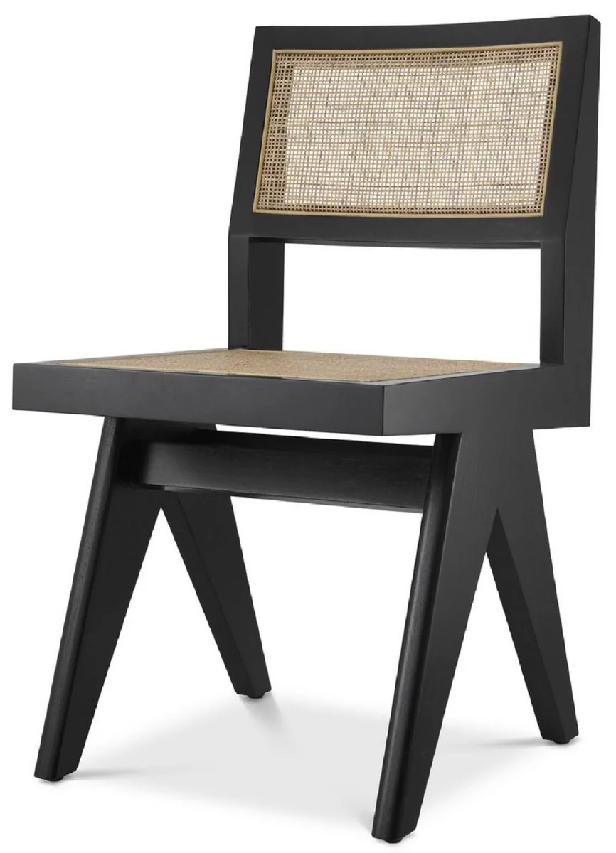 Casa Padrino silla de comedor de lujo negro / natural 44 x 54 x A. 85,5 cm - Silla de madera maciza con rat¨¢n - Muebles de comedor de lujo