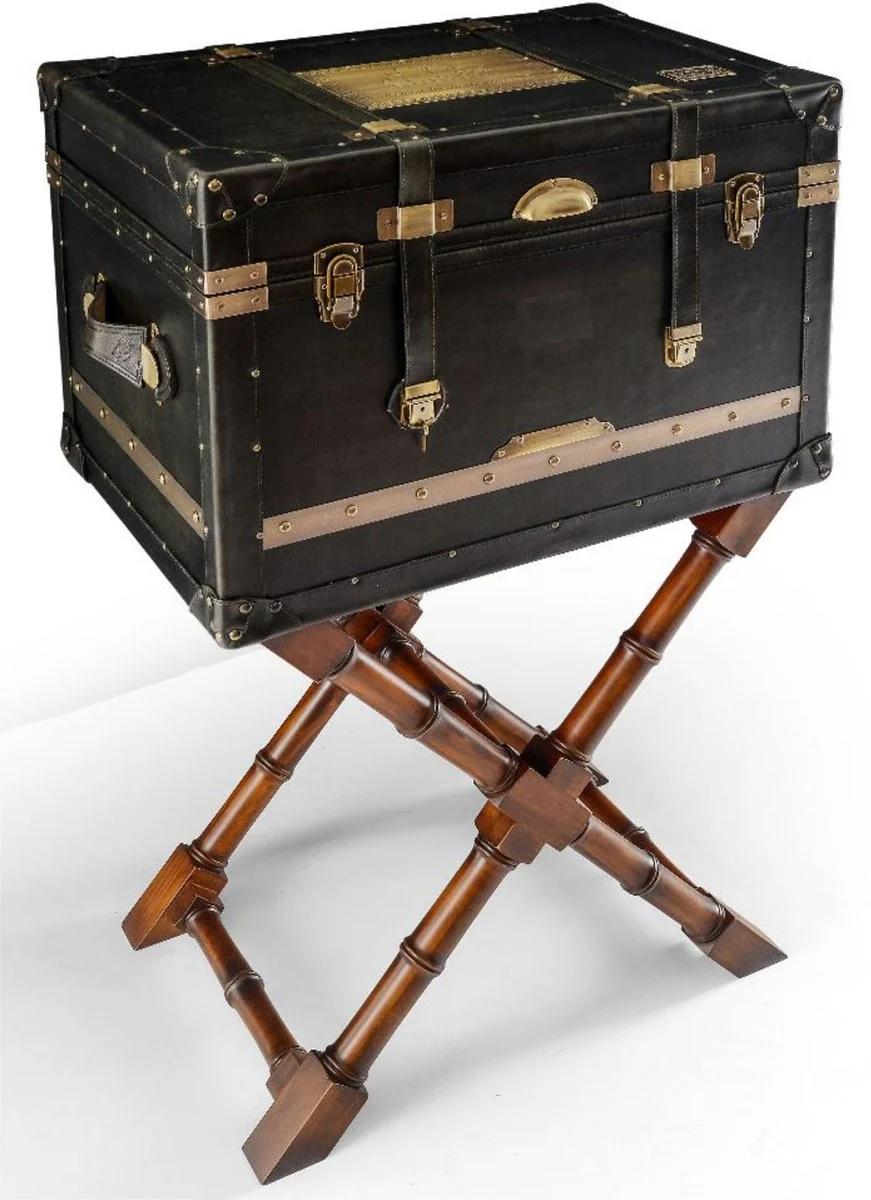 Casa Padrino minibar de cuero de lujo con aspecto de maleta negro / marr¨®n / lat¨®n 62 x 42 x A. 99 cm - Minibar con cuero genuino - Muebles de bar - Muebles de lujo aspecto de maleta