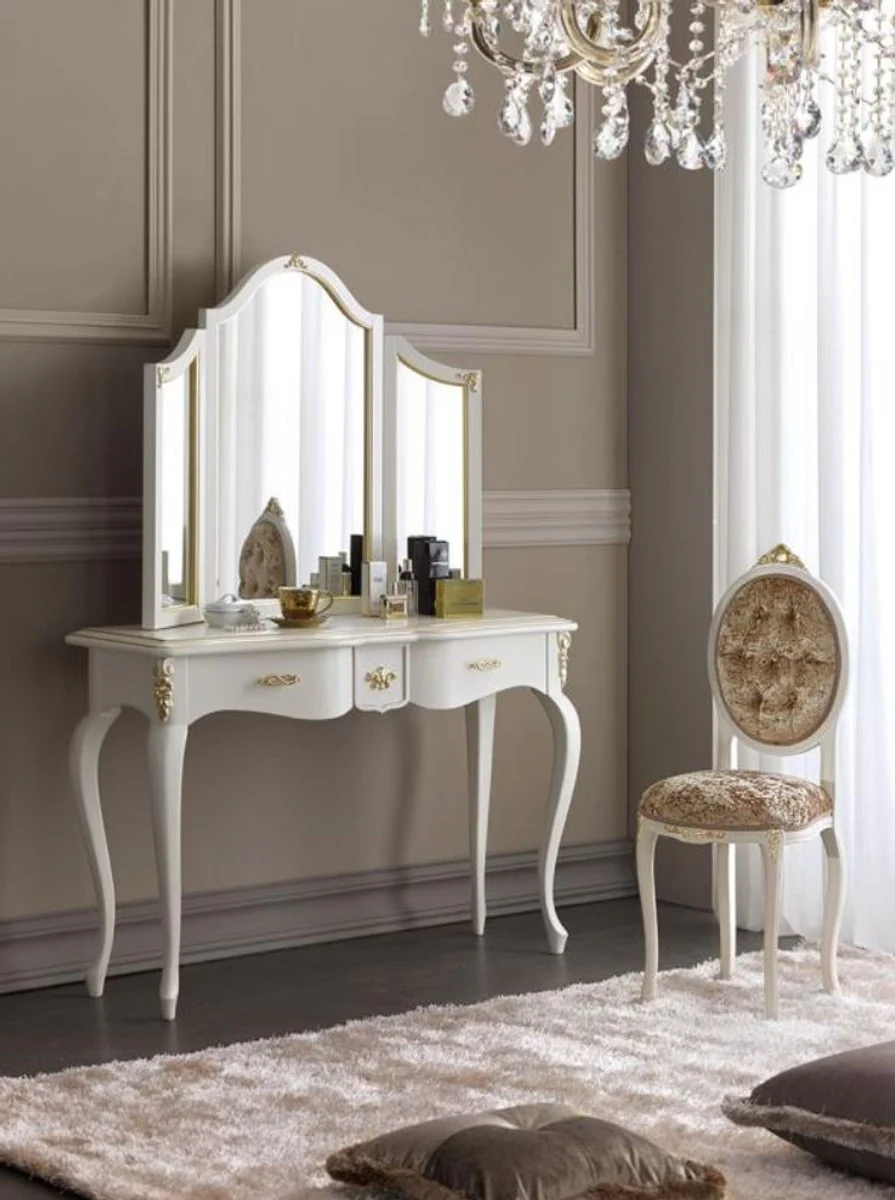 Casa Padrino conjunto de consola de espejo barroco de lujo marr¨®n / blanco / oro - Mesa consola elegante con espejo y silla de se?ora - Muebles de dormitorio barroco de lujo