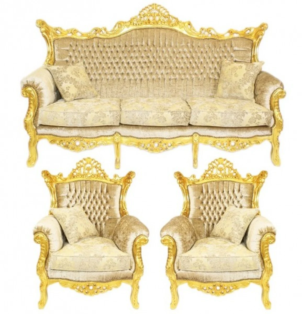 Casa Padrino Baroque Living Set Master cream velvet / gold - 3er sofa + 2 armchairs