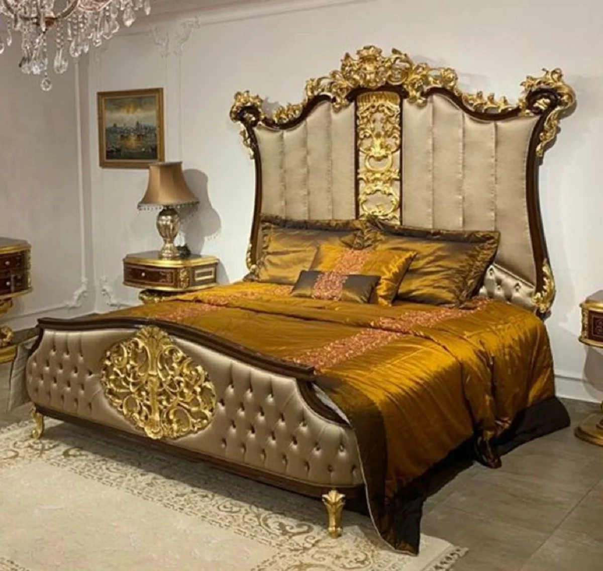 Casa Padrino cama doble barroco de lujo plata / marrón oscuro / oro - Cama noble de madera maciza con cabecera - Magnífica muebles de dormitorio de estilo barroco