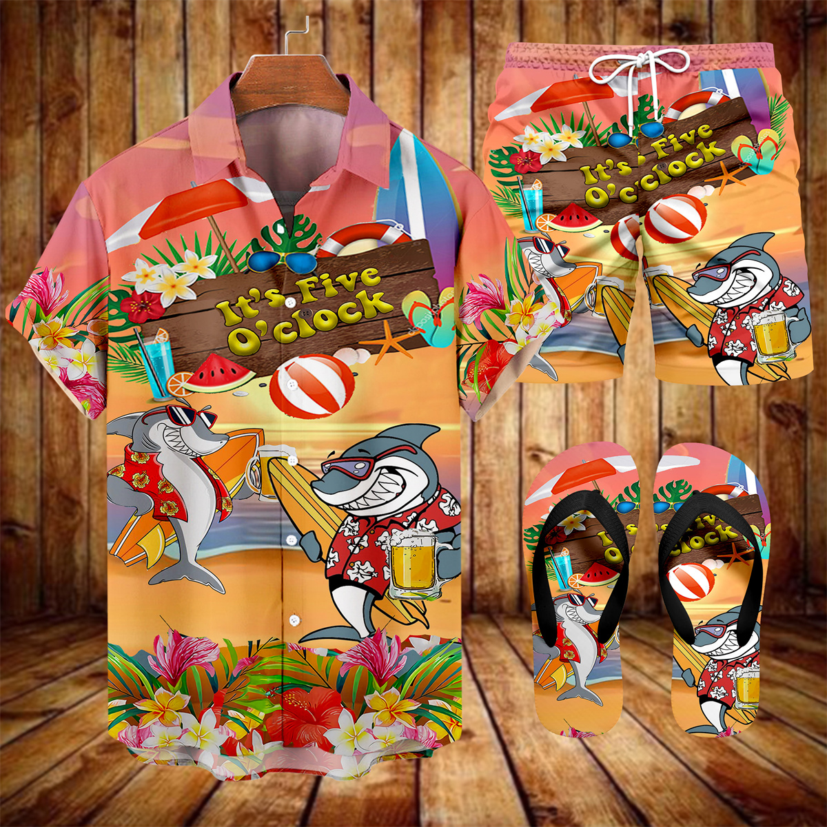 Suitmens Men's Men's Tiki Style Hawaiian Vacation Print Three-Piece Set 032