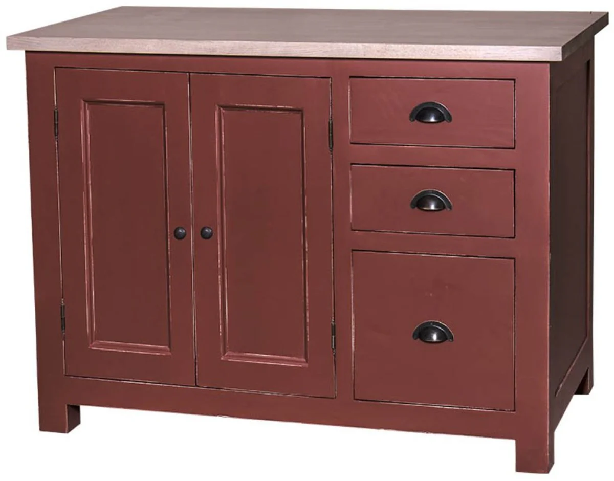 Casa Padrino Country Style Shabby Chic Mueble de Cocina Antiguo Rojo Burdeos / Natural 120 x 65 x H. 90 cm - Mueble de Cocina con 2 Puertas y 3 Cajones