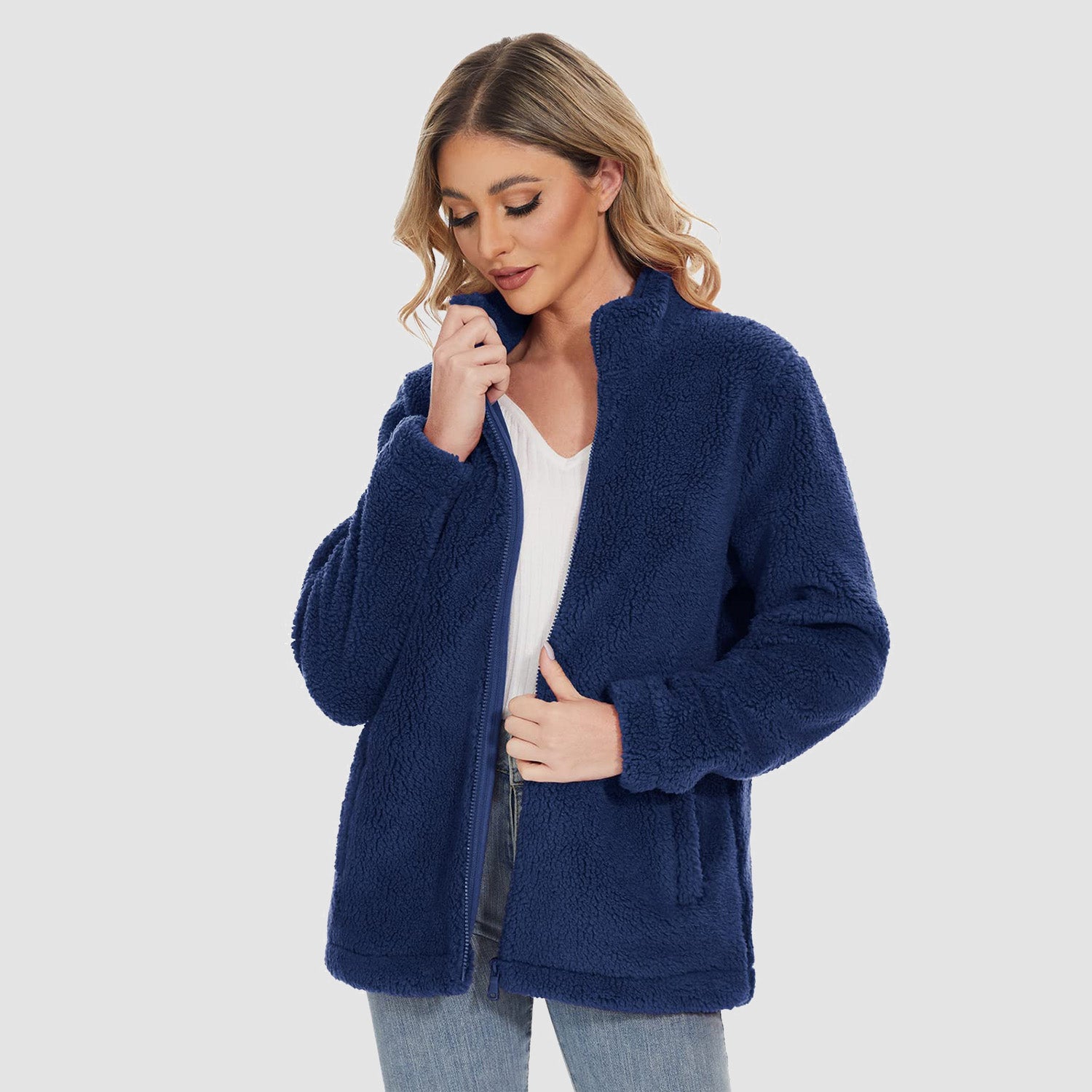 Women Sherpa Jacket Full-Zip Fuzzy Fleece Teddy Casual Coats Zip Pockets Winter Warm Soft Jackets