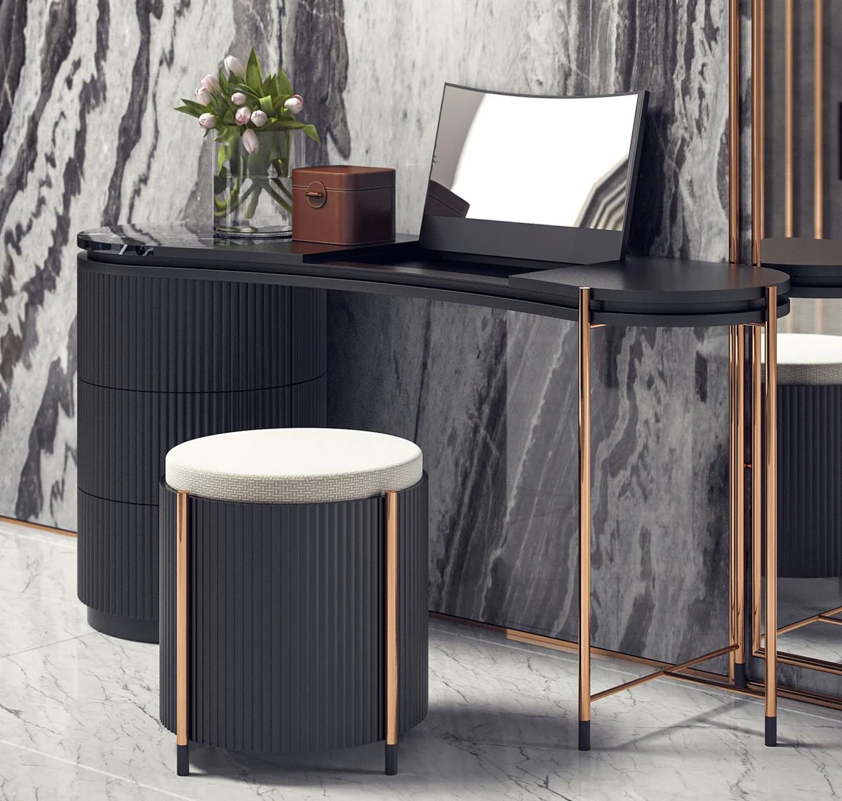 Casa Padrino conjunto de dormitorio de lujo negro mate / cobre - 1 Tocador de Lujo con Espejo de Maquillaje y 1 Taburete de Lujo - Muebles de dormitorio - Muebles de hotel - Muebles de lujo