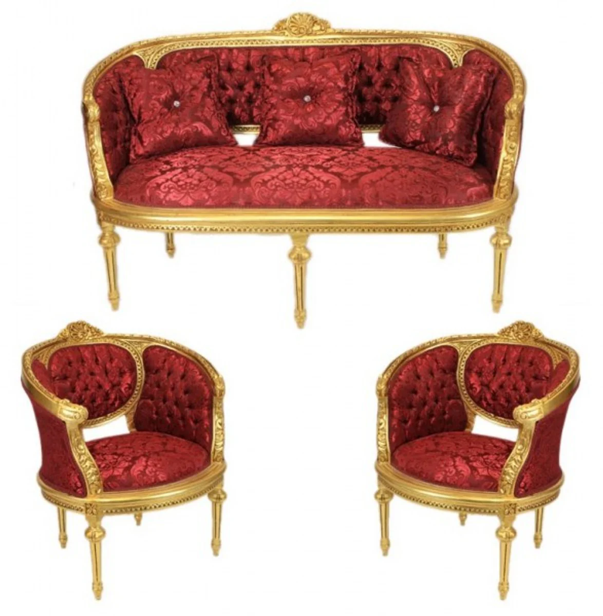 Casa Padrino Baroque Living Set Marseille Bordeaux Pattern / Gold - sofa + 2 armchairs