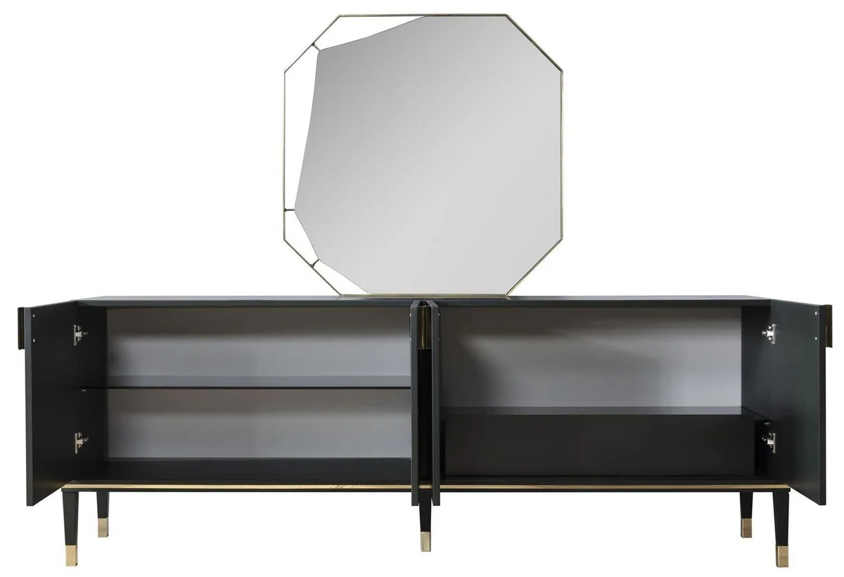 Casa Padrino conjunto de muebles de lujo negro / oro - 1 Aparador con 4 Puertas y 1 Espejo - Muebles modernos de madera maciza - Colección de Lujo