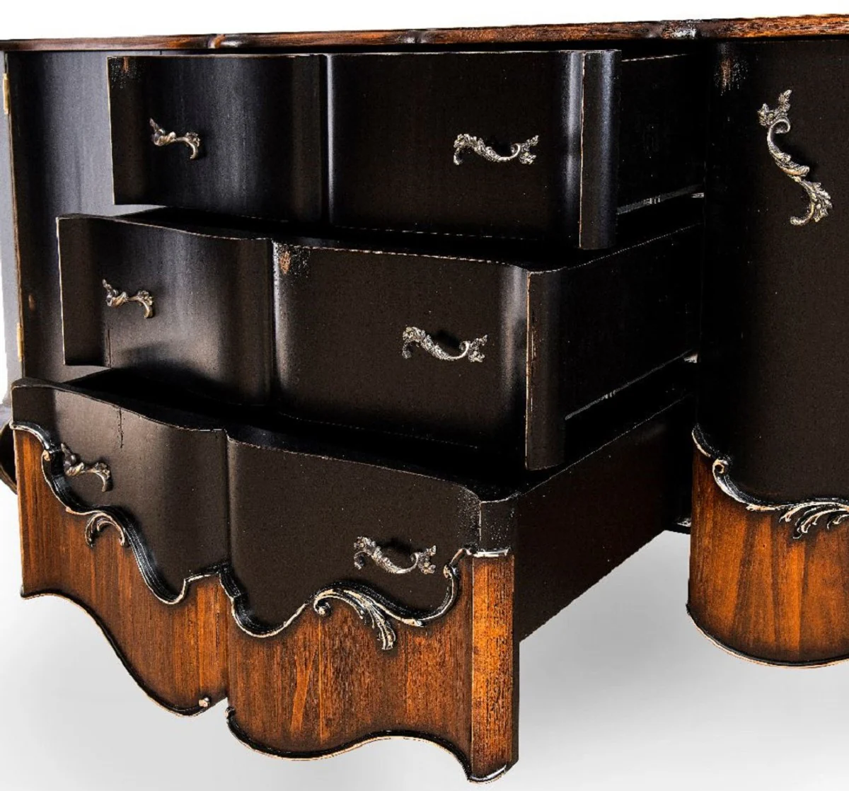 Casa Padrino aparador barroco de lujo negro antiguo / marrón 200,5 x 53,5 x A. 98 cm - Magnífico armario con 2 puertas y 3 cajones - Muebles de lujo en estilo barroco - Muebles barrocos