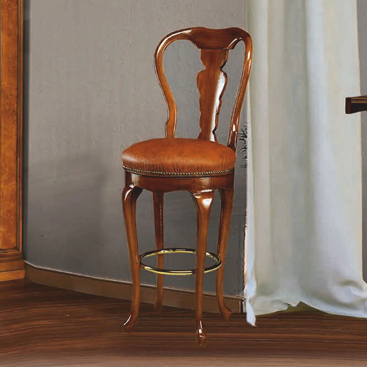 Casa Padrino Silla de Bar Barroco de Lujo en Cuero Marr¨®n / Oro A. 120 cm - Muebles de Bar - Hecho en Italia