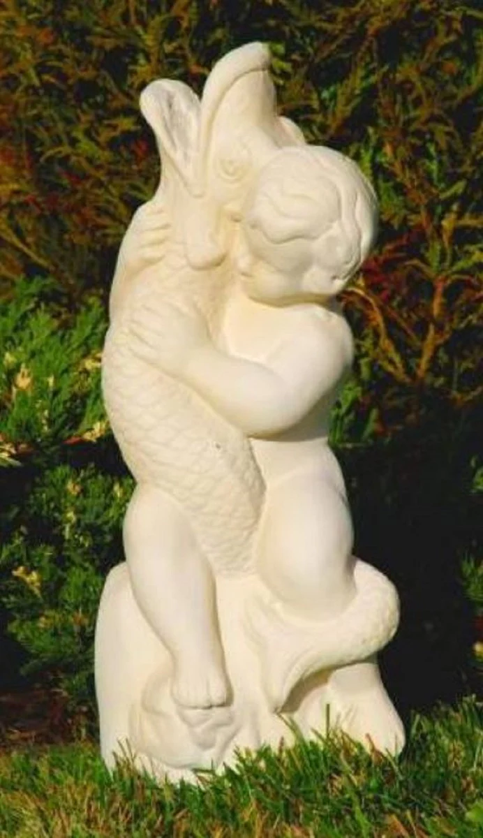 Casa Padrino escultura de gárgola Art Nouveau niño con pez arena A. 48 cm - Figura de piedra de gárgola - Accesorios de Decoración de Jardín Barroco y Art Nouveau