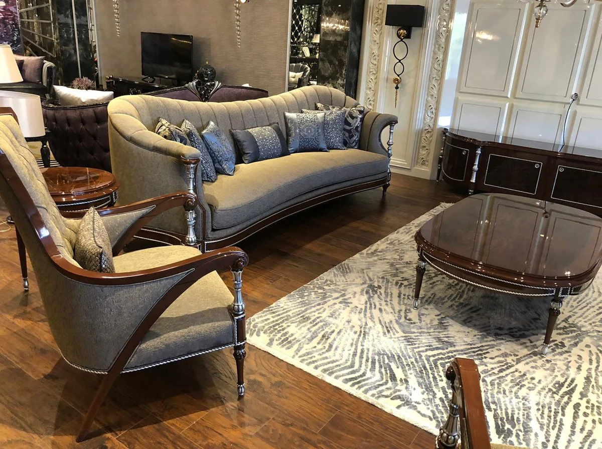 Casa Padrino conjunto de sala de estar barroco de lujo gris / marr¨®n / plata - 2 Sof¨¢s y 2 Sillones y 1 Mesa de Centro - Muebles de sal¨®n barrocos hechos a mano - Noble y Magn¨ªfico