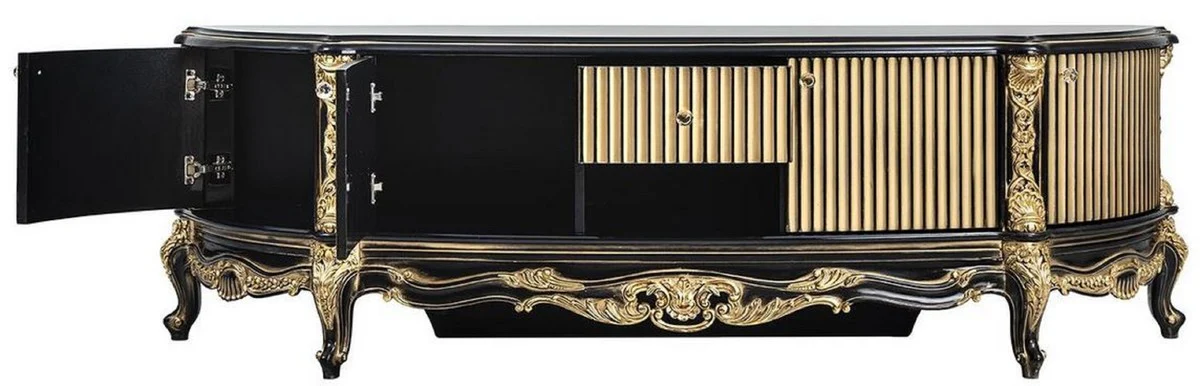Casa Padrino gabinete TV barroco de lujo negro / oro - Magnífico aparador de madera maciza con 4 puertas y cajón - Muebles de salón barrocos
