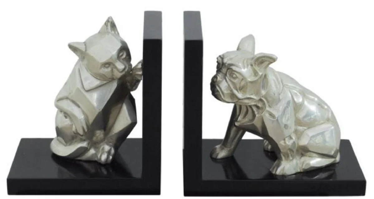 Casa Padrino conjunto de sujetalibro de lujo gato y perro plata / negro 18 x 18 x H. 10 cm - Figuras en Bronce Deco con Base de Madera