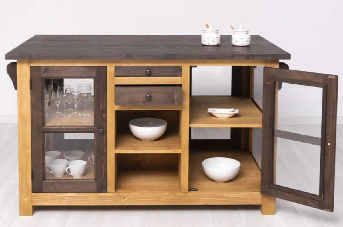 Casa Padrino isla de cocina de estilo campestre marr¨®n / natural 150 x 90 x A. 90 cm - Gabinete de cocina de madera maciza - Mueble de comedor de madera maciza estilo campestre