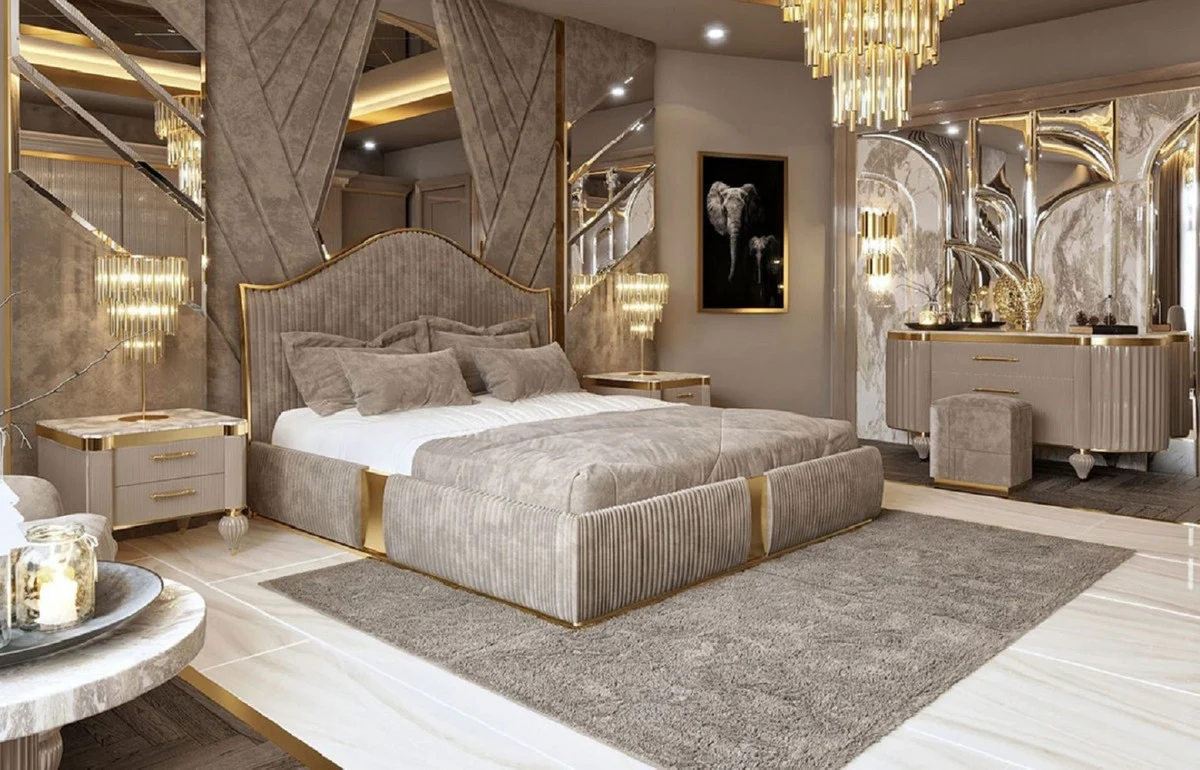 Casa Padrino Conjunto de Dormitorio Art Deco de Lujo Gris / Blanco / Oro - 1 Cama Doble con Cabecero y 2 Mesas de Noche - Muebles de Dormitorio y de Hotel Art Deco - Colección de Lujo