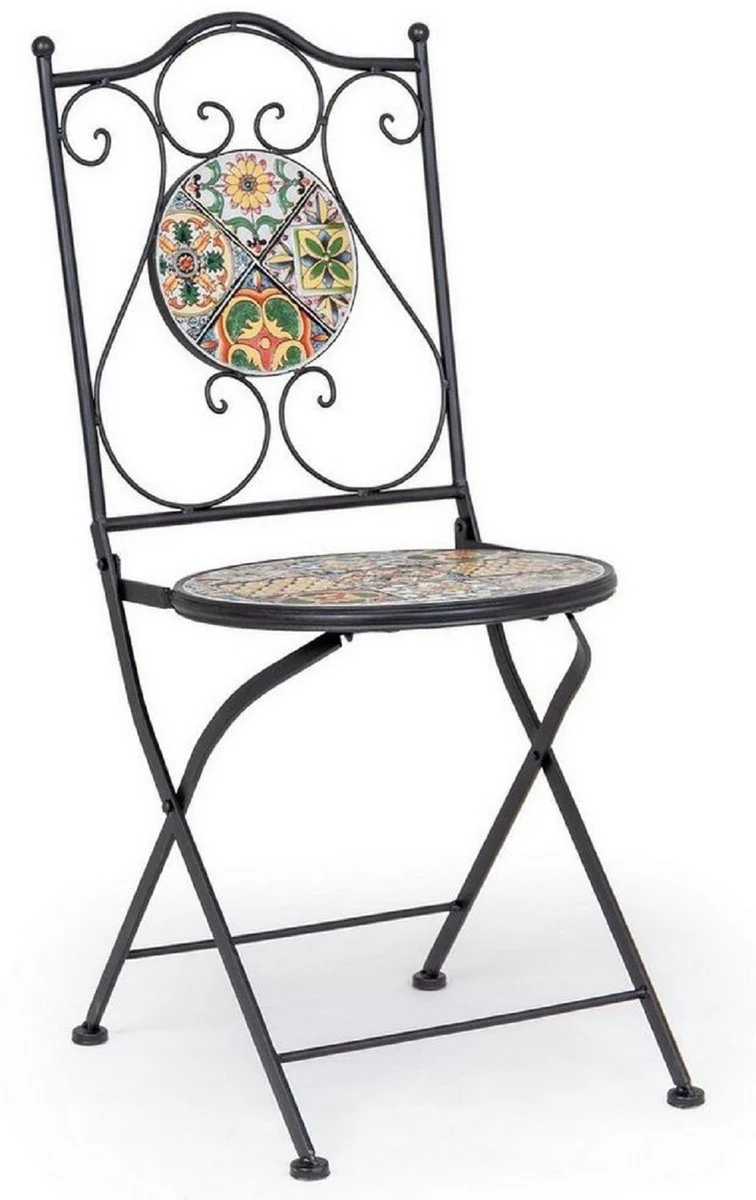 Casa Padrino conjunto de 4 sillas de jardín Art Nouveau negro / multicolor 39 x 47 x A. 92 cm - Sillas plegables con tapas de cerámica - Muebles de Jardín y Catering
