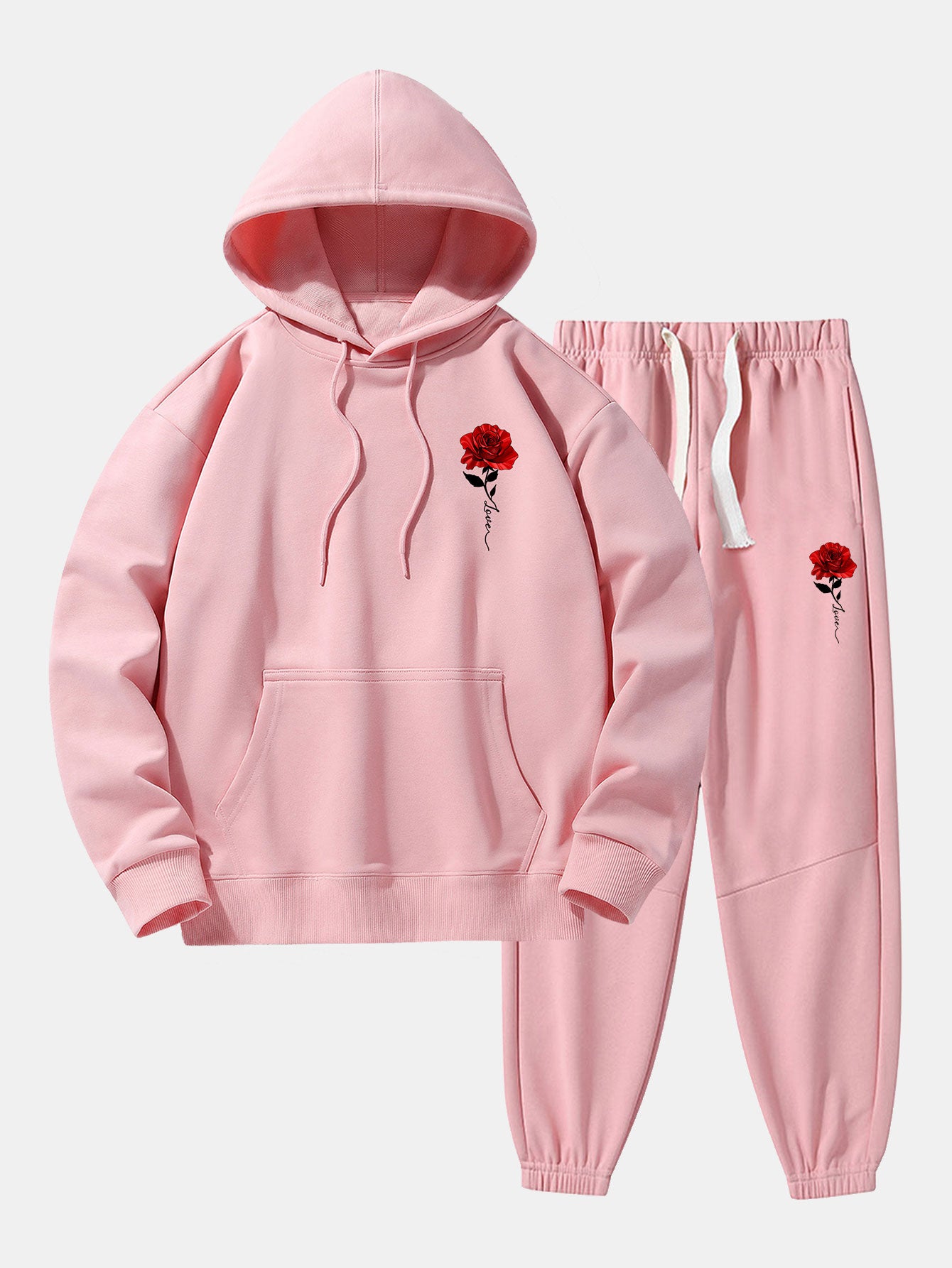 Rose Print Cotton Blend Hoodie & Jogger Pants