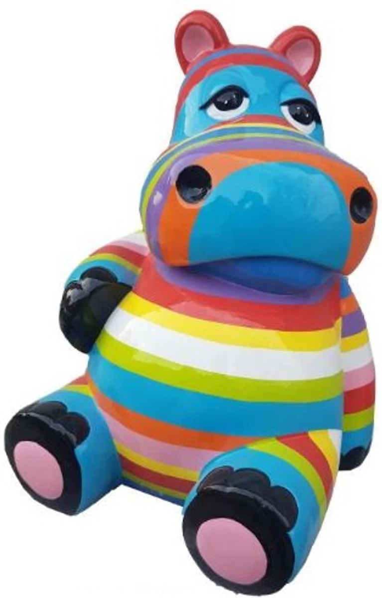 Casa Padrino escultura de diseño hipopótamo sentado multicolor rayas A. 100 cm - Figura decorativa resistente a la intemperie - Decoración salón - Decoración jardín - Decoración terraza