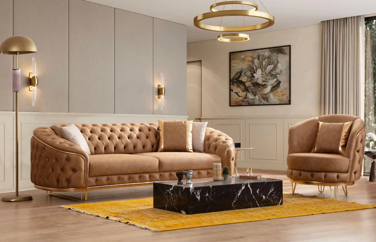 Casa Padrino sill¨®n Chesterfield de lujo en cuero artificial marr¨®n vintage / lat¨®n 85 x 80 x A. 100 cm - Sill¨®n de sal¨®n - Muebles de sal¨®n - Muebles de lujo - Interior de sal¨®n de lujo