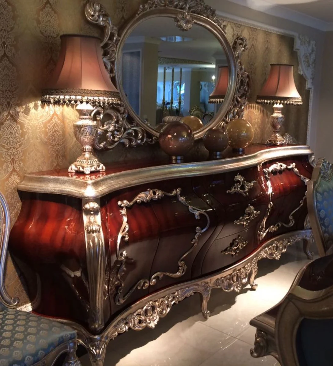 Casa Padrino conjunto de muebles barrocos de lujo aparador con espejo marrón oscuro / plata - Magnífico mueble de madera maciza y elegante espejo - Muebles barroco