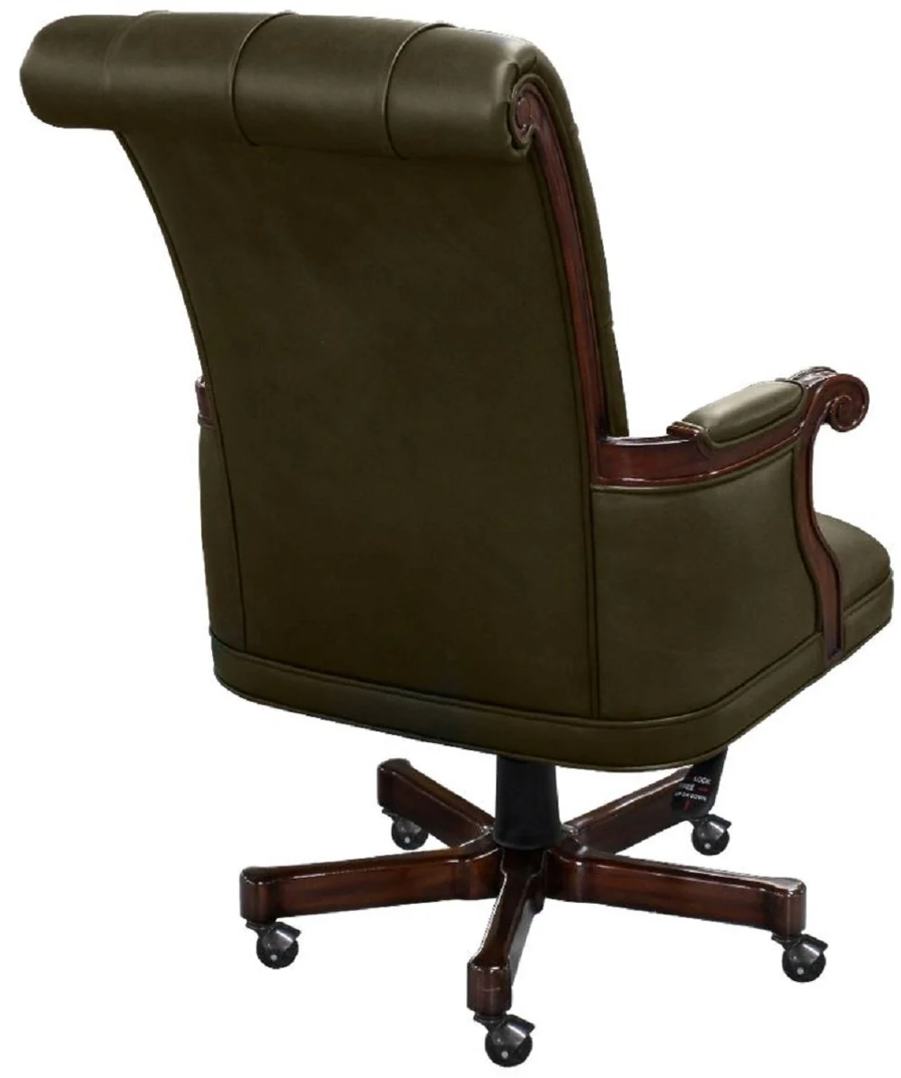 Casa Padrino silla de oficina Chesterfield de lujo verde oscuro / marr¨®n oscuro 71 x 76 x A. 114 cm - Silla de escritorio de caoba ajustable en altura con piel genuina - Muebles Chesterfield Oficina
