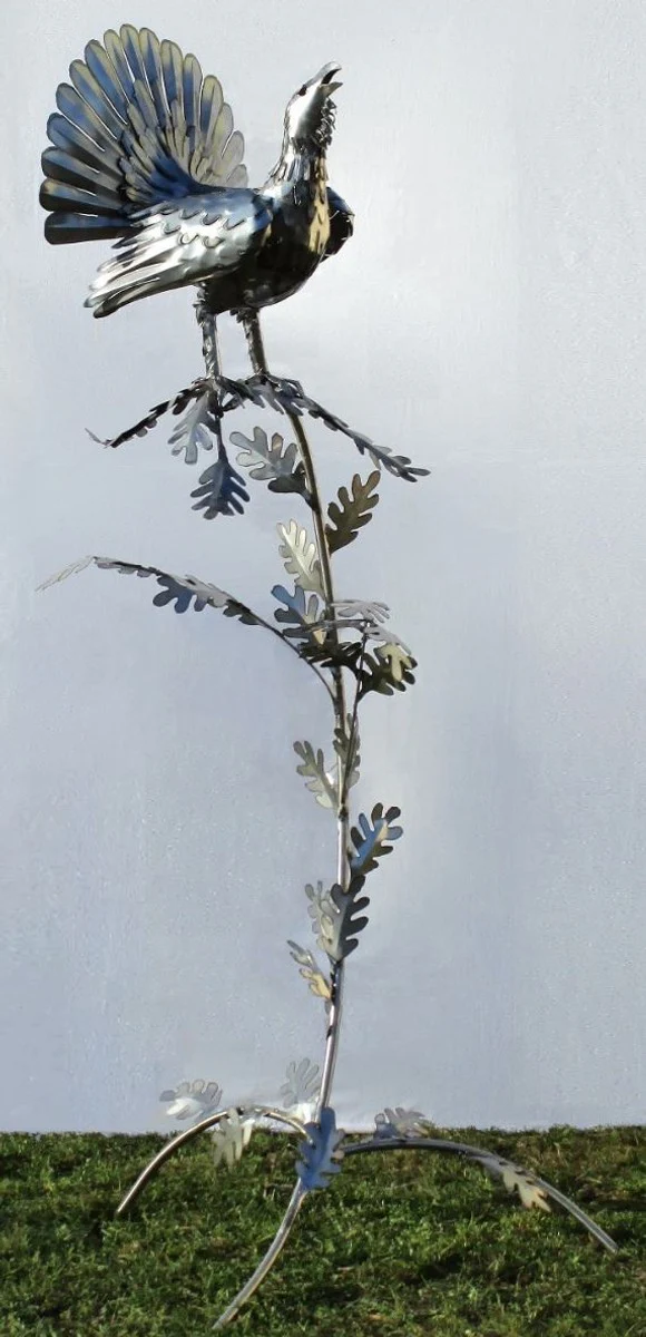 Casa Padrino escultura de decoración de jardín gallo en rama plata 87 x 70 x A. 160 cm - Figura de Jardín de Acero Inoxidable Hecha a Mano - Decoración de Jardín