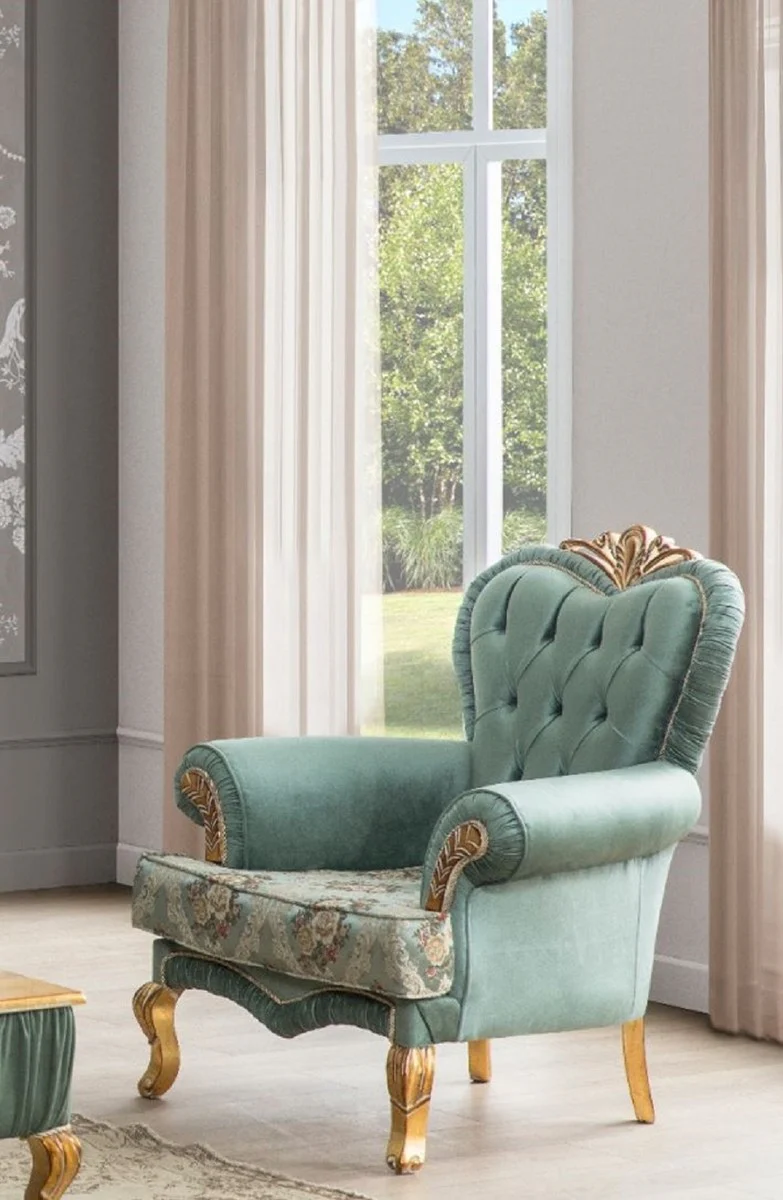 Casa Padrino conjunto de sala de estar barroco de lujo verde / oro - 2 Sof¨¢s con Patr¨®n y 2 Sillones con Patr¨®n y 1 Mesa de Centro - Muebles de sal¨®n en estilo barroco - Noble y Magn¨ªfica
