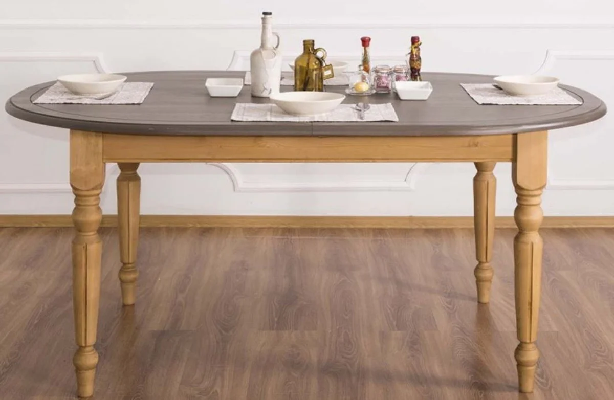 Casa Padrino mesa de comedor de estilo campestre gris / marr¨®n claro 180 x 120 x A. 78 cm - Mesa de Cocina Ovalada de Madera Maciza con Encimera de Madera de Roble