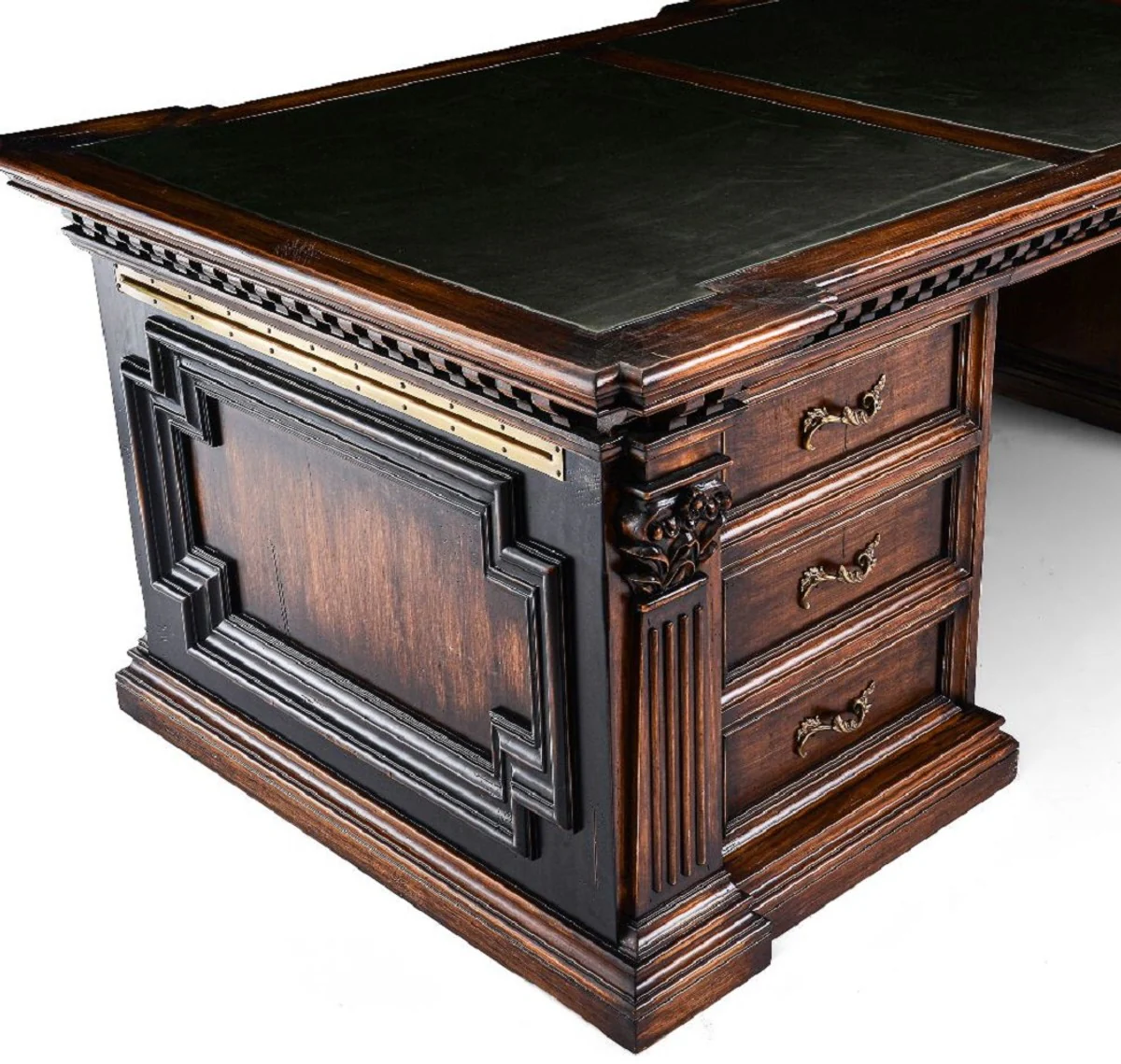 Casa Padrino escritorio de estilo campestre de lujo marrón / negro / verde 243,5 x 99 x A. 79 cm - Mesa de oficina de madera maciza - Muebles oficina estilo campestre - Muebles de oficina de lujo