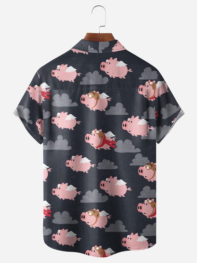 Fun Flying Pig Chest Pocket Short Sleeve Casual Shirt