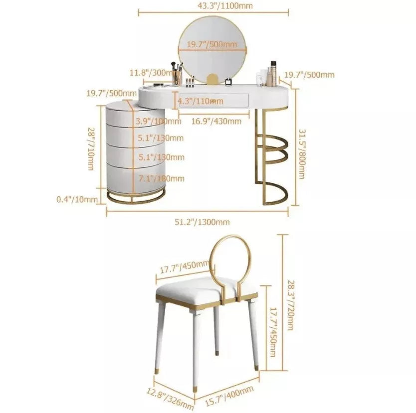 Makeup Vanity Dressing Table With Swivel Cabinet Mirror & Stool Included