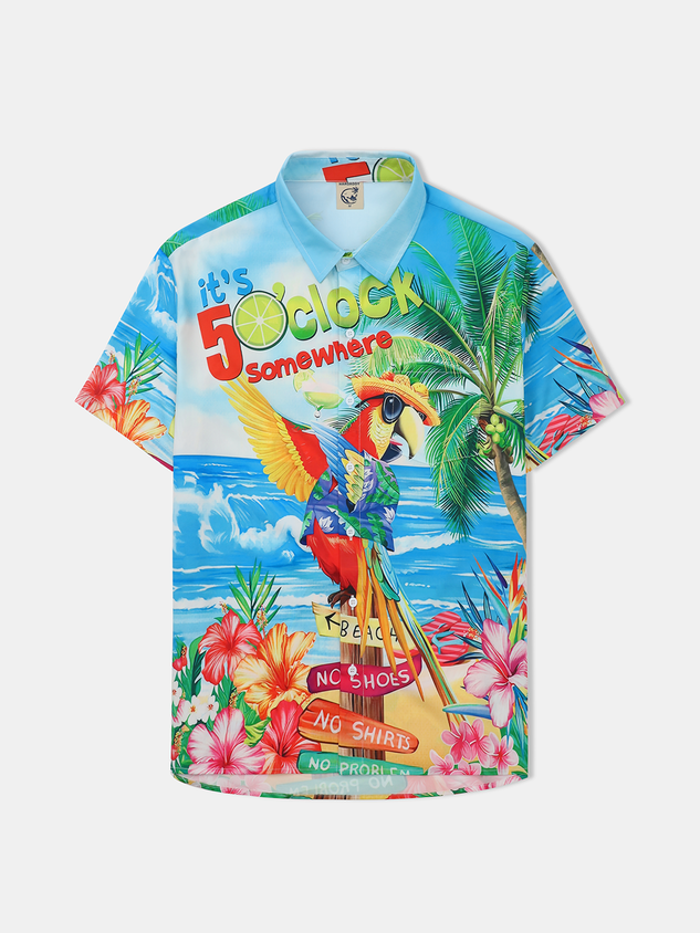 It's 5 O'Clock Somewhere Parrot Chest Pocket Short Sleeve Hawaiian Shirt