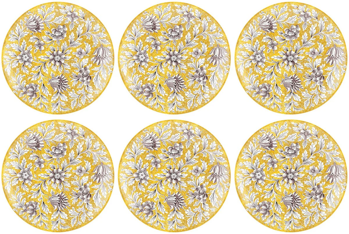 Casa Padrino conjunto de 6 platos de cer¨¢mica de lujo amarillo / multicolor ? 40 cm - Platos llanos hechos y pintados a mano con dise?o floral - Accesorios hoteles y restaurantes - Hecho en Italia