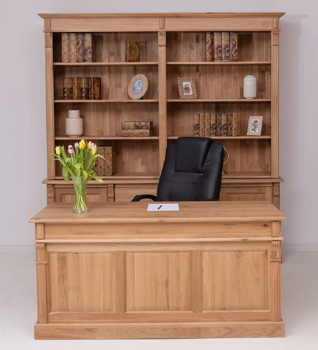 Casa Padrino conjunto de muebles de oficina de estilo campestre natural - 1 Escritorio de Estilo Campestre y 1 Armario Estante de Estilo Campestre - Muebles de estilo campestre de madera maciza