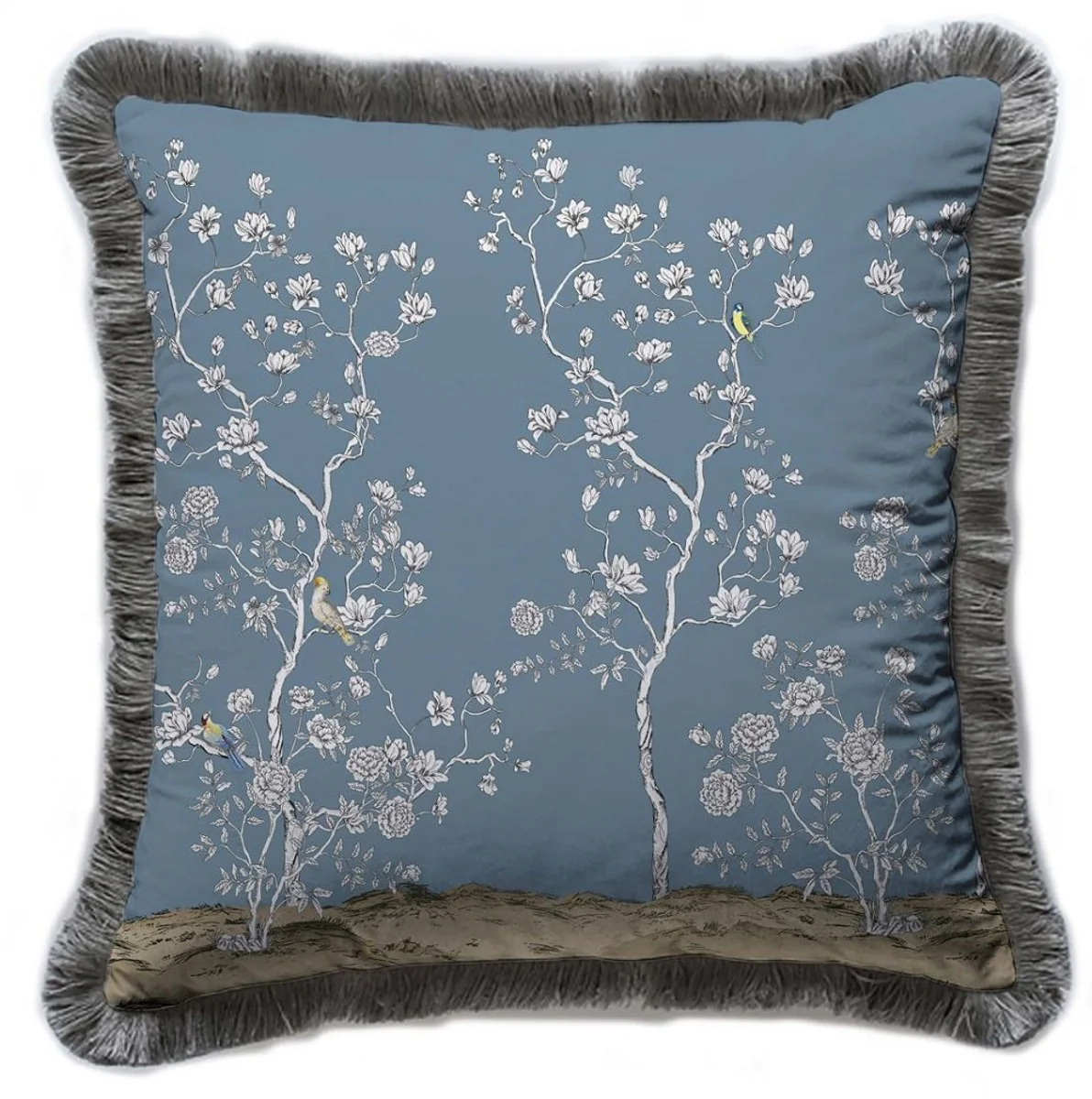 Casa Padrino cojín decorativa de lujo arbustos con flores y pájaros azul / multicolor / gris 45 x 45 cm - Almohada de terciopelo estampado con flecos - Accesorios decorativos de lujo