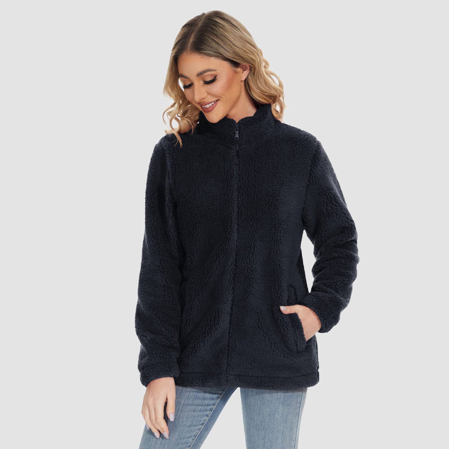 Women Sherpa Jacket Full-Zip Fuzzy Fleece Teddy Casual Coats Zip Pockets Winter Warm Soft Jackets