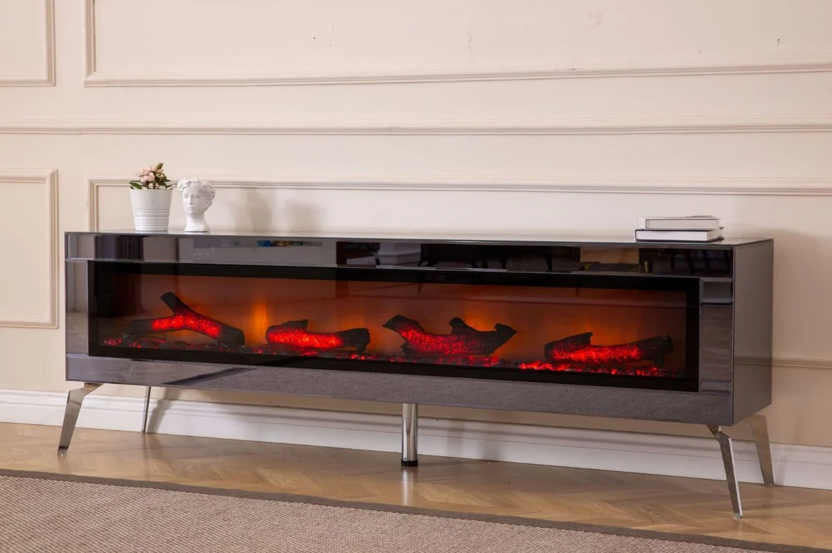 Casa Padrino gabinete de TV de lujo con chimenea el¨¦ctrica LED y mando a distancia plata 180 cm