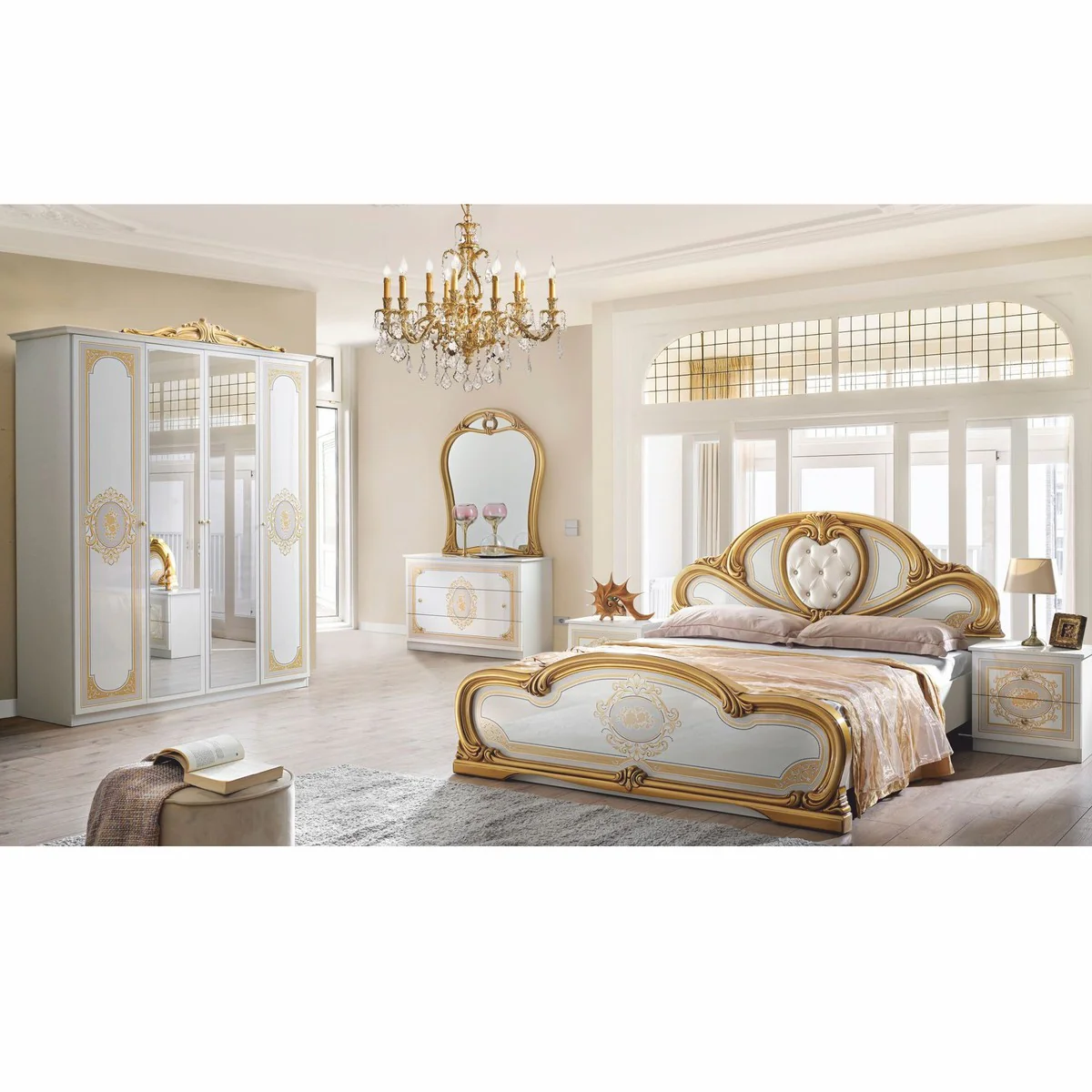 Casa Padrino cama doble barroco de lujo con pedrer¨ªa blanco / gris / oro - Muebles de dormitorio