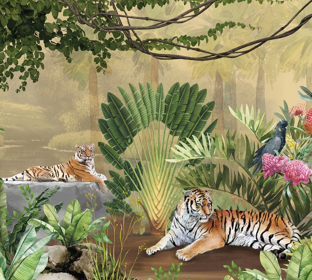 Casa Padrino conjunto de cortinas de lujo selva y tigre multicolor 250 x A. 290 cm - Cortinas de lino y terciopelo estampadas - Cortinas de ojales - Cortinas correderas