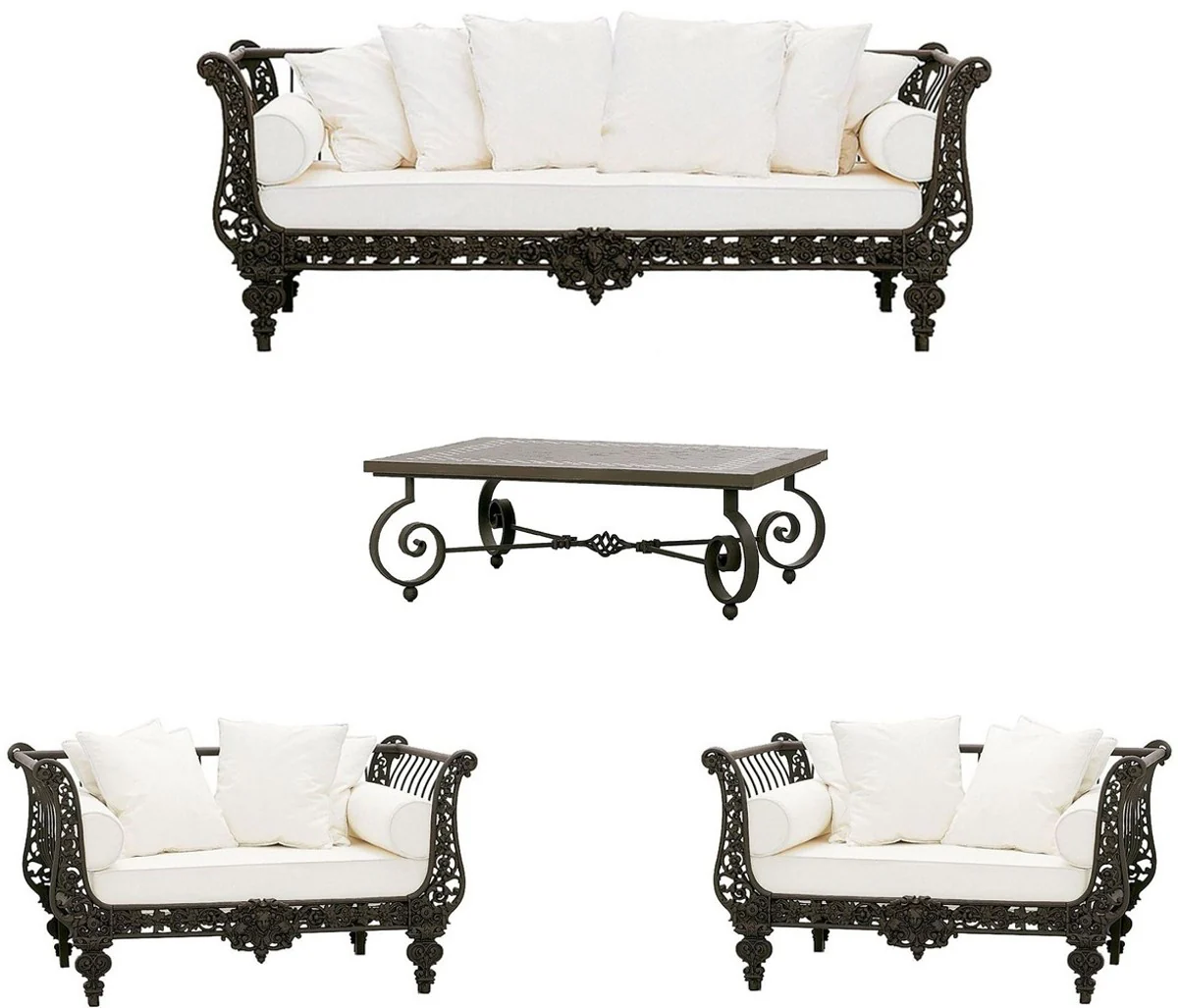 Casa Padrino Conjunto de Muebles de Hierro Forjado Barroco de Lujo Marr¨®n Oscuro / Blanco - 1 Sof¨¢ & 2 Sillones & 1 Mesa de Centro - Muebles de Sal¨®n - Muebles Jard¨ªn - Muebles Barrocos de Lujo