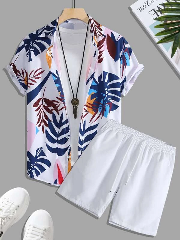 Suitmens Men's Hawaiian Print Short Sleeve Shirt Set 010