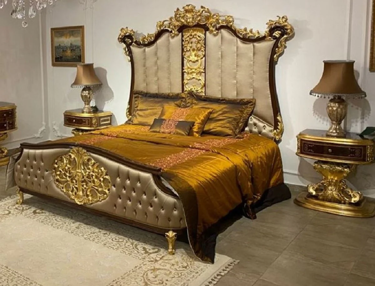 Casa Padrino conjunto de dormitorio barroco de lujo plata / marrón oscuro / oro - 1 Cama Doble con Cabecera y 2 Mesitas de Noche - Muebles de dormitorio de alta calidad en estilo barroco