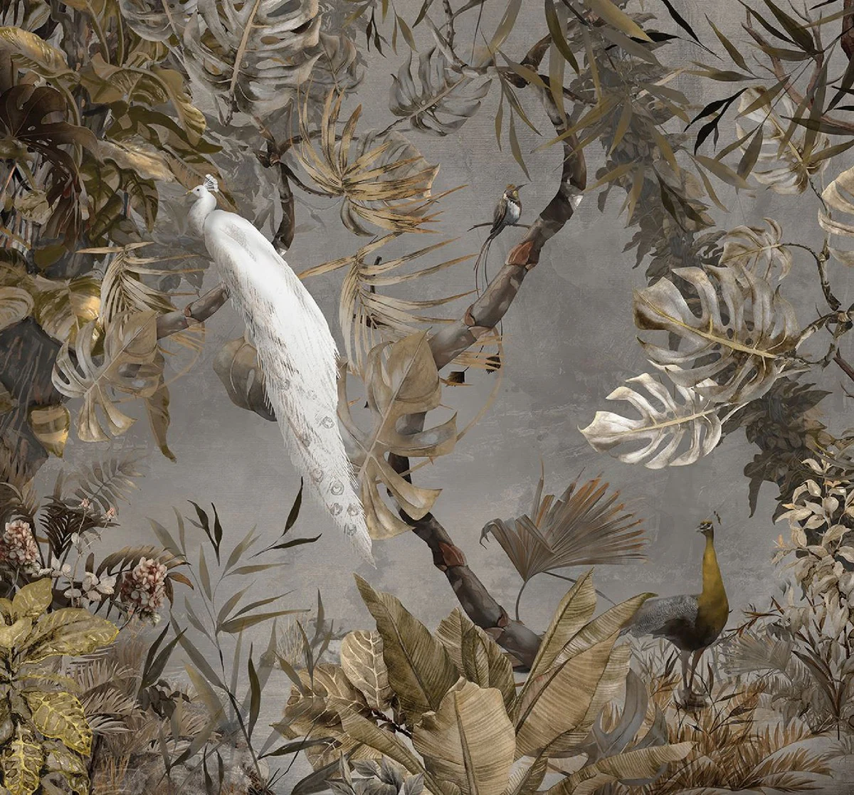 Casa Padrino conjunto de cortinas de lujo pavo real blanco en el bosque gris / multicolor 250 x A. 290 cm - Cortinas de lino y terciopelo estampadas - Cortinas de ojales - Cortinas correderas