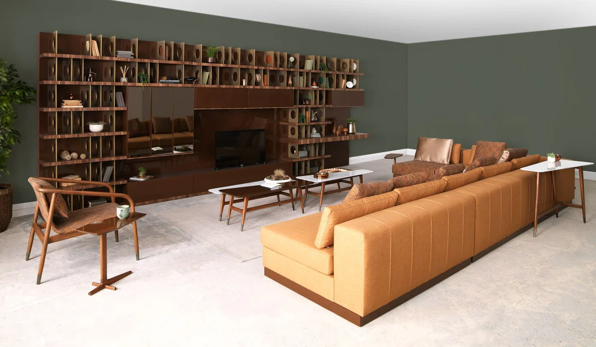 Casa Padrino armario de TV de lujo marr¨®n oscuro / marr¨®n / lat¨®n 576 x 60 x A. 224 cm - Armario de sal¨®n enorme de madera maciza - Muebles de sal¨®n - Muebles de hotel - Muebles de lujo