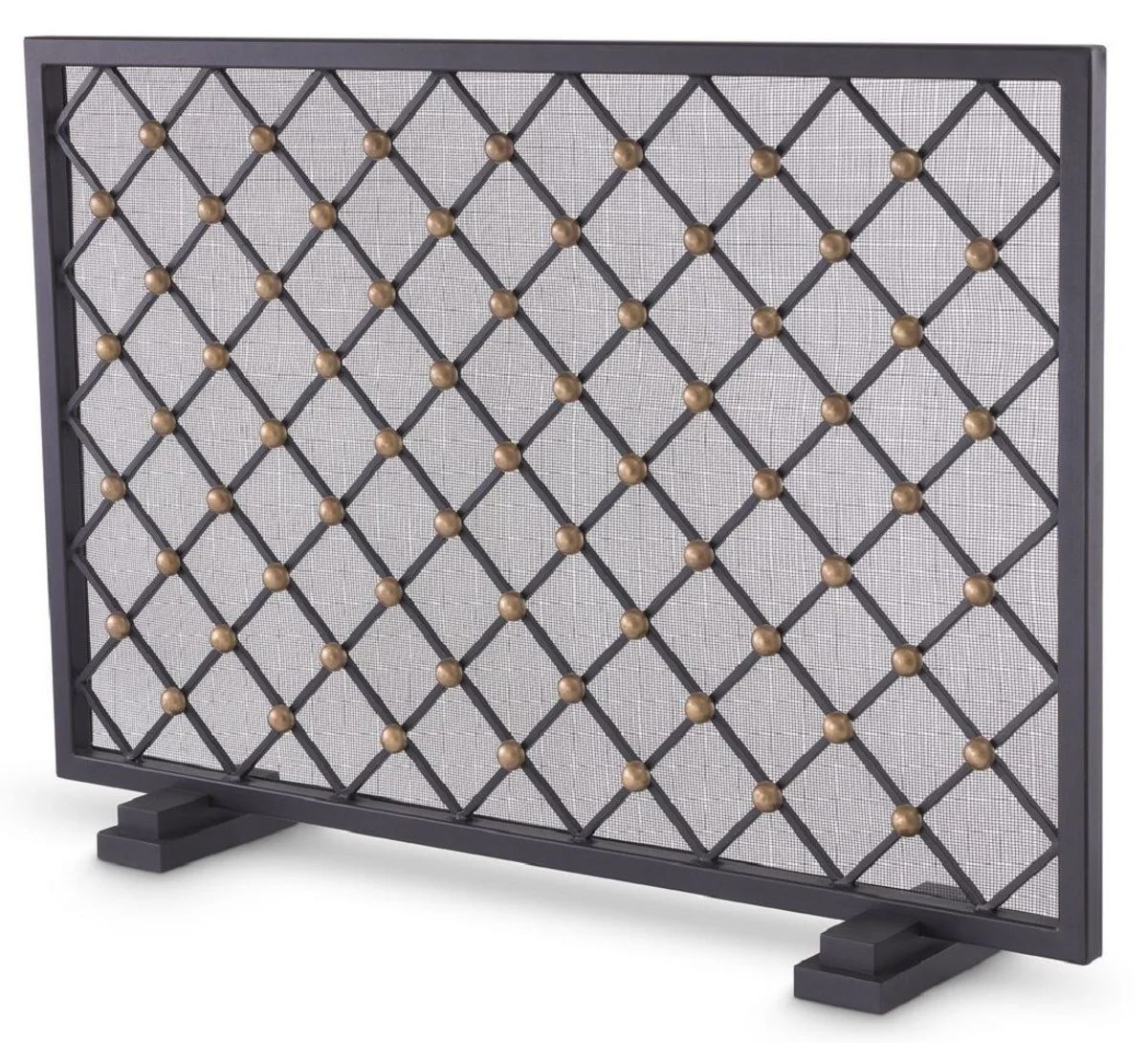 Casa Padrino pantalla de chimenea de lujo negro / latón vintage 84 x 15 x A. 57 cm - Protección contra chispas con patrón de diamantes - Accesorios de chimenea de lujo